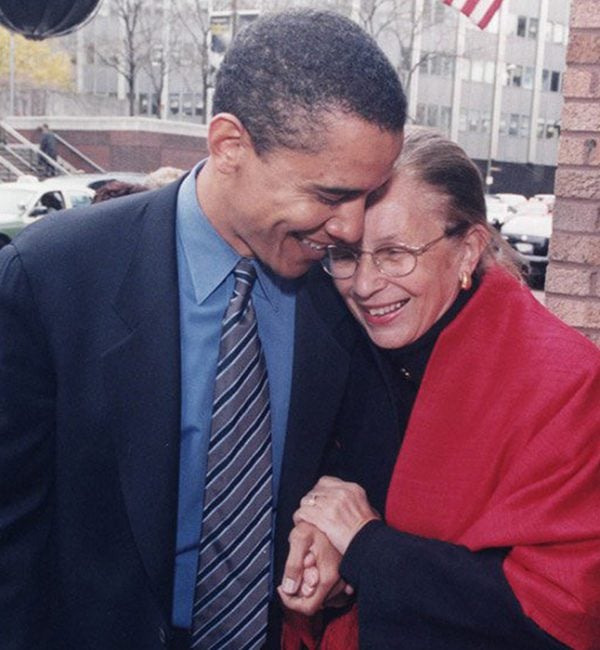Barbara Bowman at her street dedication with Barack Obama