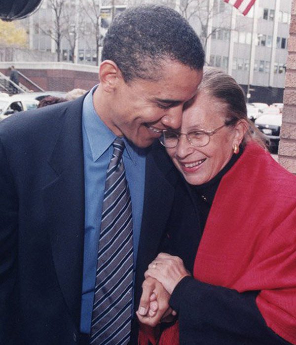 Barbara Bowman at her street dedication with Barack Obama