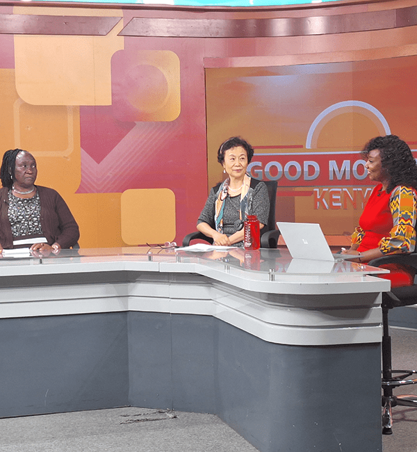 Jie-Qi Chen spent an hour on the national broadcast "Good Morning Kenya", the country's sole government supported TV program. On her left is Dr. Rachel W. Kamau - Kang'ethe, a Senior Lecturer in Early Childhood Studies at Kenyatta University. On her right is Lilian Mutegi, who runs a consulting firm that offers digital learning solutions for children with disabilities.